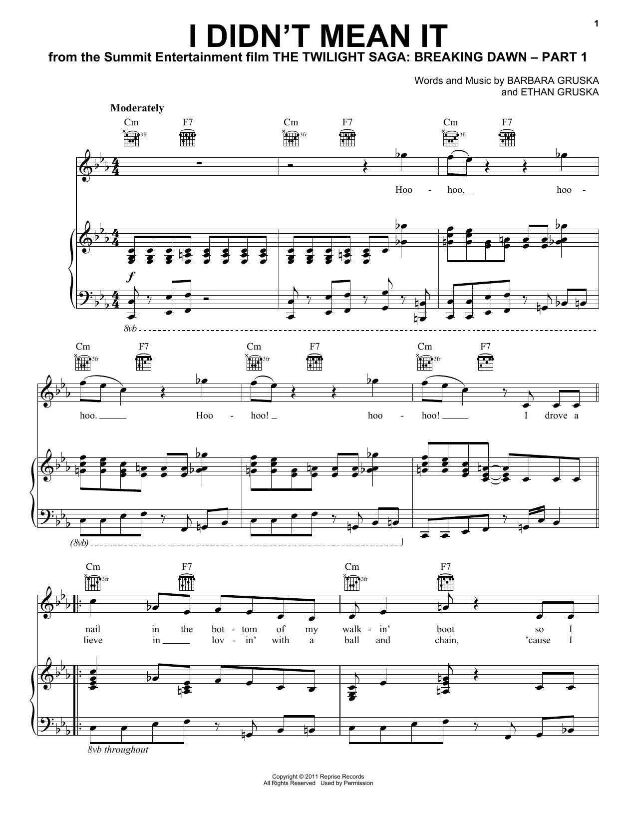 The Belle Brigade I Didn't Mean It (from The Twilight Saga: Breaking Dawn, Part 1) sheet music, chords, lyrics - Printable PDF for Piano, Vocal & Guitar (Right-Hand Melody)