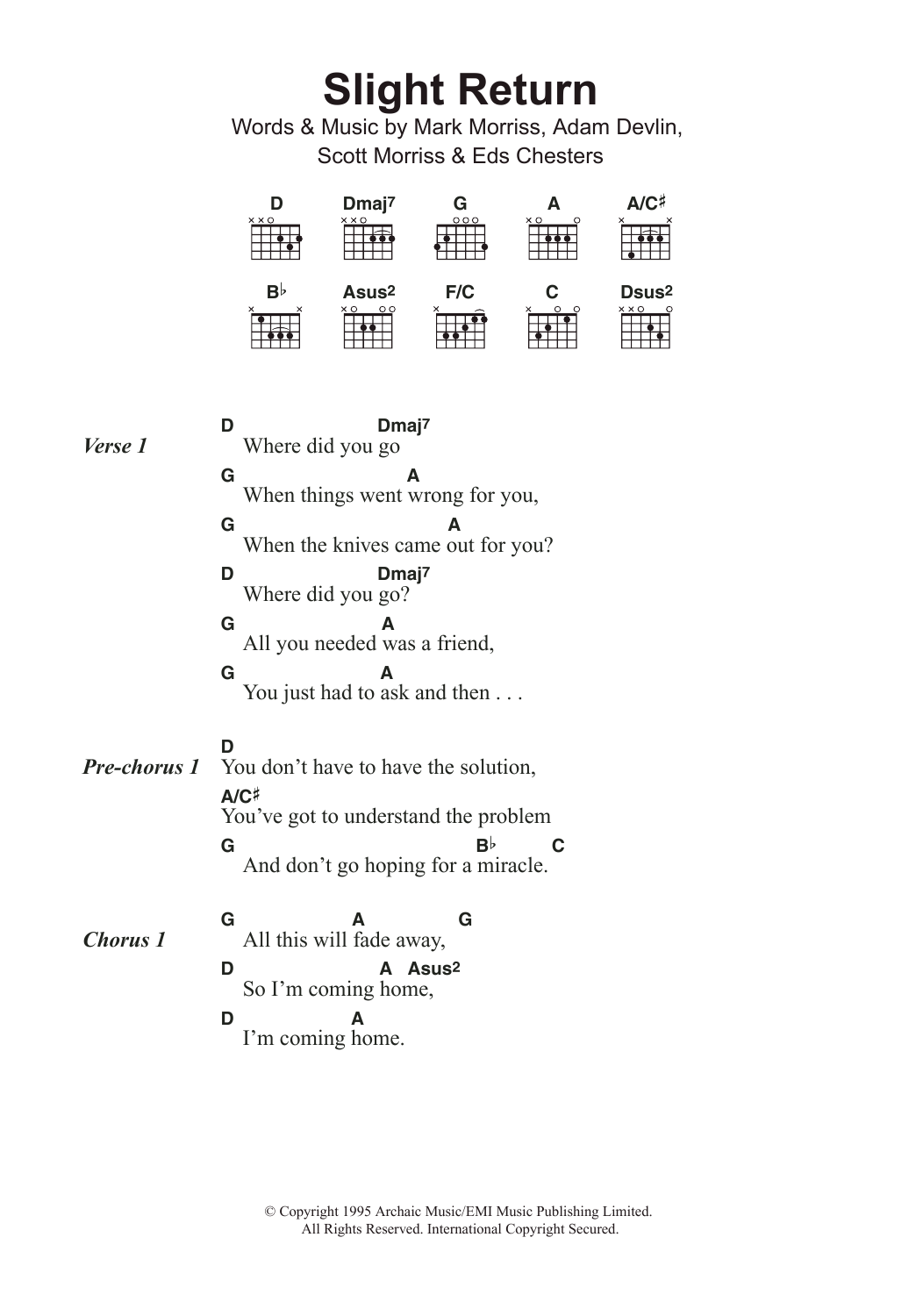 The Bluetones Slight Return sheet music, chords, lyrics - Printable PDF for Lyrics & Chords