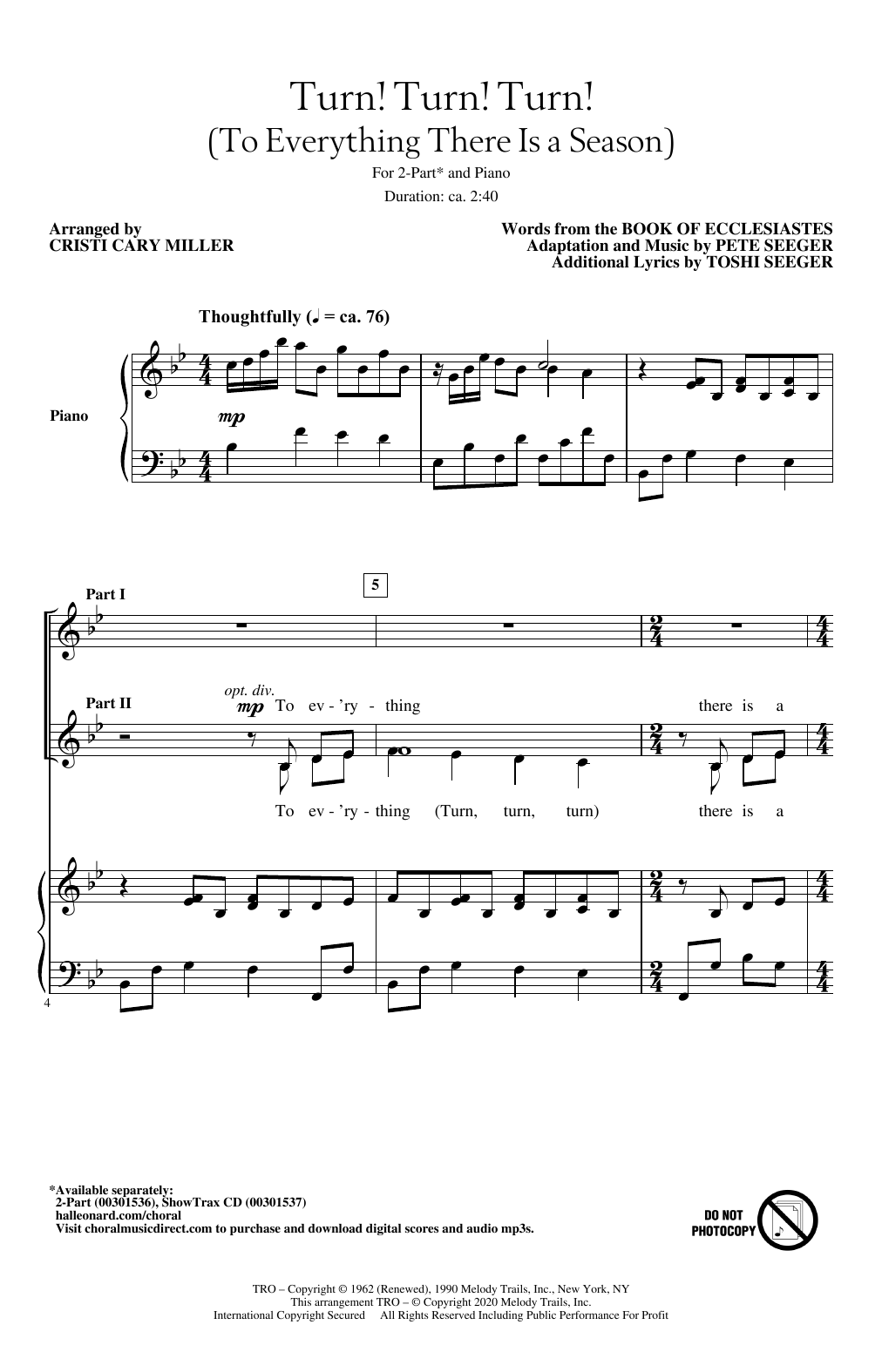 The Byrds Turn! Turn! Turn! (To Everything There Is A Season) (arr. Cristi Cary Miller) sheet music, chords, lyrics - Printable PDF for 2-Part Choir