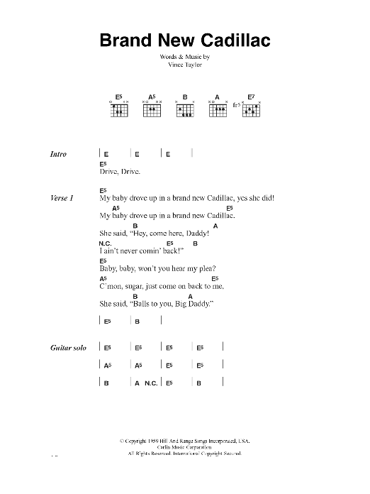 The Clash Brand New Cadillac sheet music, chords, lyrics - Printable PDF for Lyrics & Chords