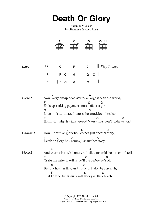 The Clash Death Or Glory sheet music, chords, lyrics - Printable PDF for Lyrics & Chords