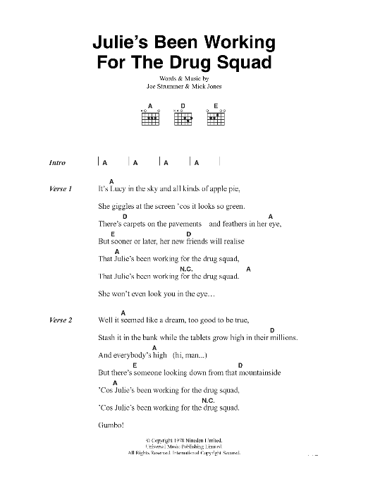 The Clash Julie's Been Working For The Drug Squad sheet music, chords, lyrics - Printable PDF for Lyrics & Chords