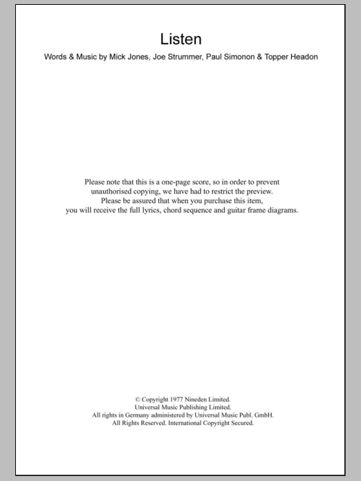 The Clash Listen sheet music, chords, lyrics - Printable PDF for Lyrics & Chords