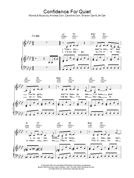 The Corrs Confidence For Quiet sheet music, chords, lyrics - Printable PDF for Piano, Vocal & Guitar