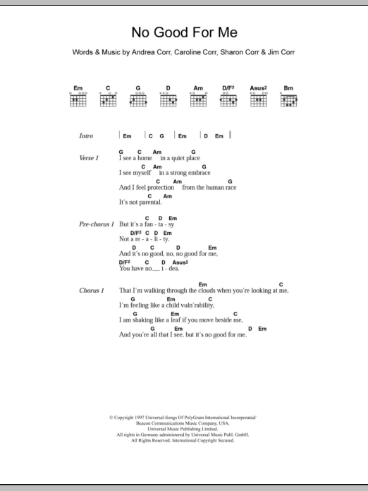 The Corrs No Good For Me sheet music, chords, lyrics - Printable PDF for Keyboard