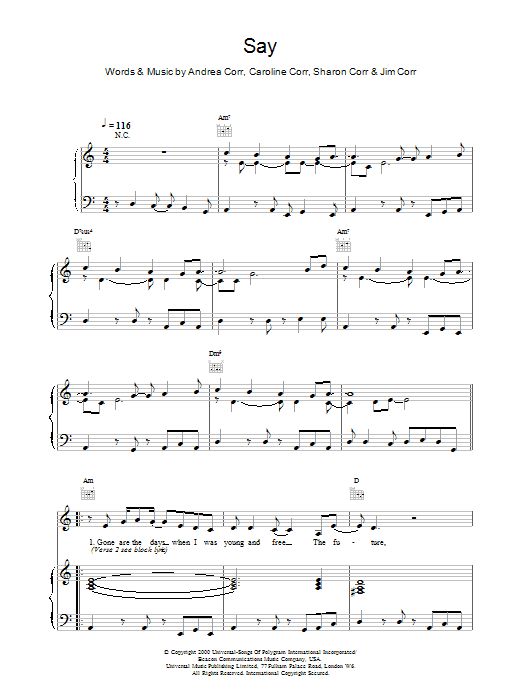 Download The Corrs Say sheet music notes and chords for Piano, Vocal & Guitar - Download Printable PDF and start playing in minutes.