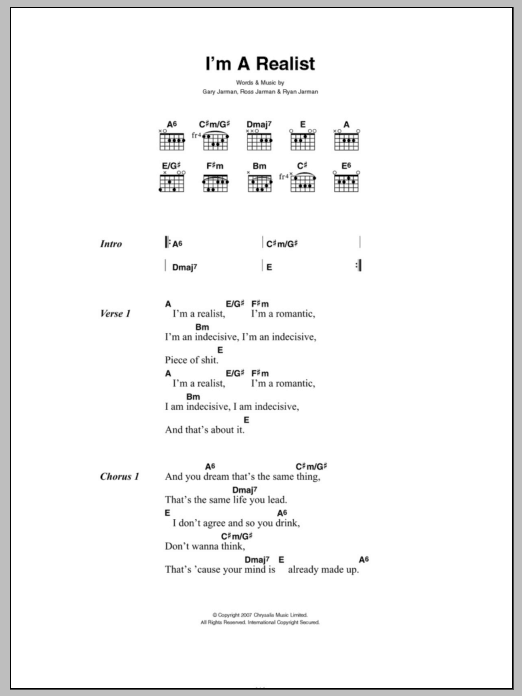 The Cribs I'm A Realist sheet music, chords, lyrics - Printable PDF for Lyrics & Chords