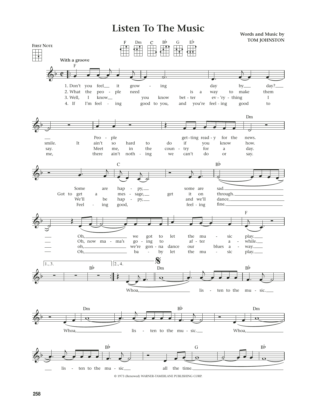 The Doobie Brothers Listen To The Music (from The Daily Ukulele) (arr. Jim Beloff) sheet music, chords, lyrics - Printable PDF for Ukulele