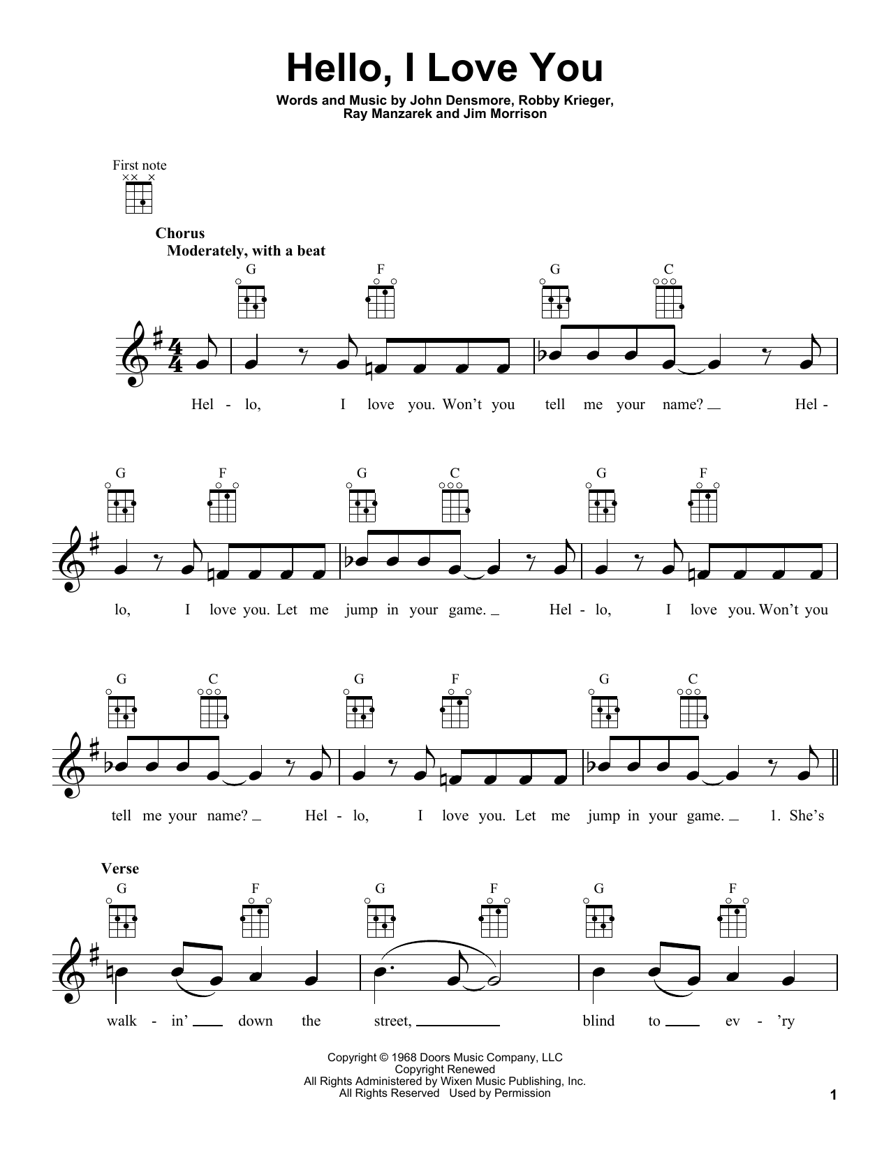 The Doors Hello, I Love You sheet music, chords, lyrics - Printable PDF for Ukulele