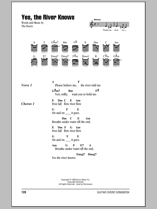 The Doors Yes, The River Knows sheet music, chords, lyrics - Printable PDF for Guitar Chords/Lyrics