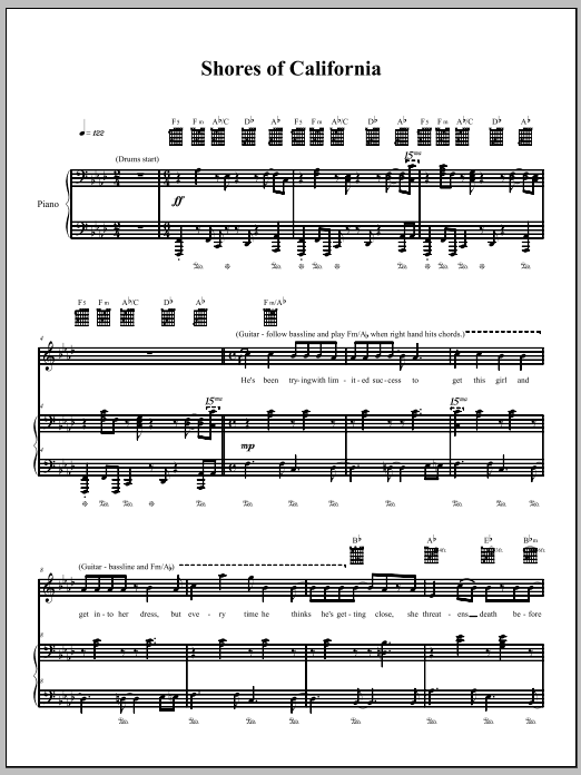 The Dresden Dolls Shores Of California sheet music, chords, lyrics - Printable PDF for Piano, Vocal & Guitar (Right-Hand Melody)
