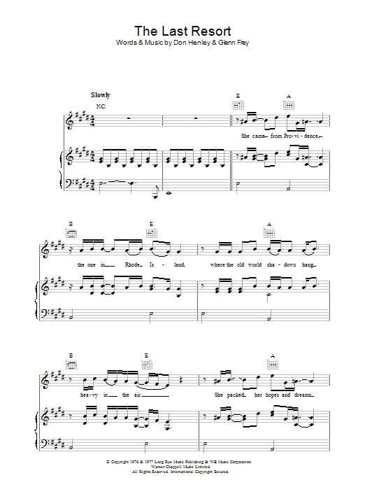 Eagles The Last Resort sheet music, chords, lyrics - Printable PDF for Piano, Vocal & Guitar (Right-Hand Melody)