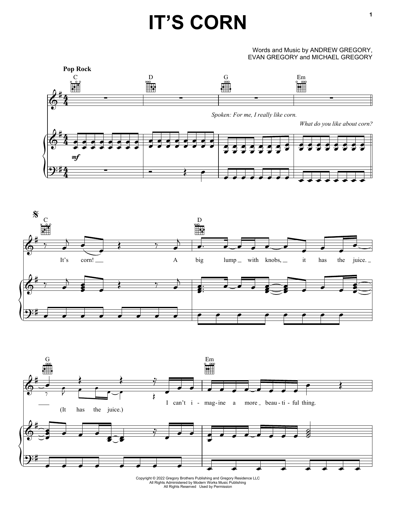 The Gregory Brothers It's Corn (feat. Tariq) sheet music, chords, lyrics - Printable PDF for Super Easy Piano