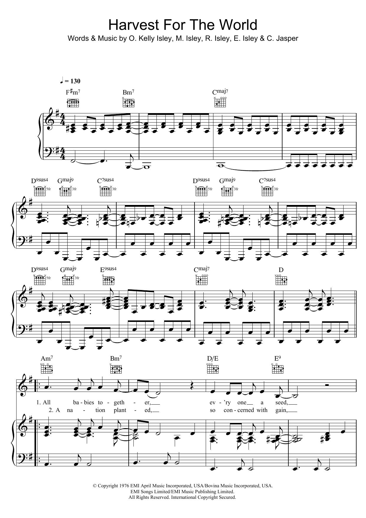 The Isley Brothers Harvest For The World sheet music, chords, lyrics - Printable PDF for Piano, Vocal & Guitar Chords (Right-Hand Melody)
