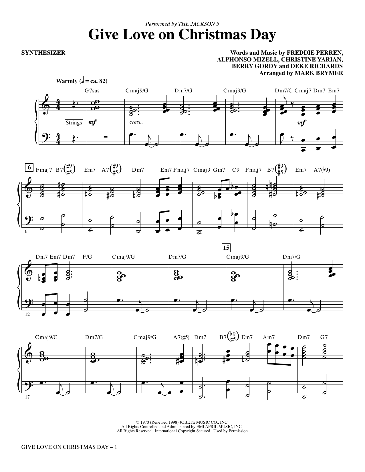 The Jackson 5 Give Love on Christmas Day (arr. Mark Brymer) - Synthesizer sheet music, chords, lyrics - Printable PDF for Choir Instrumental Pak