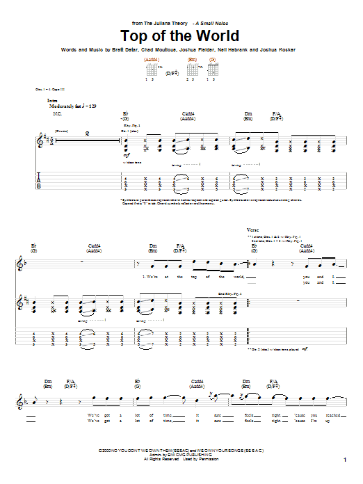 The Juliana Theory Top Of The World sheet music, chords, lyrics - Printable PDF for Guitar Tab