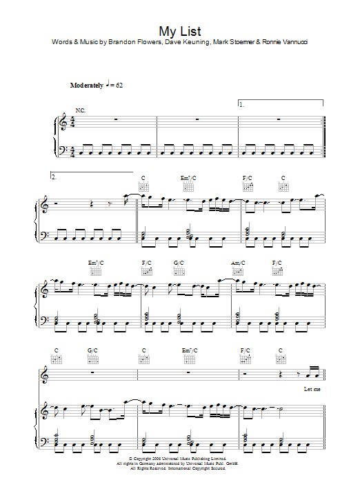 The Killers My List sheet music, chords, lyrics - Printable PDF for Lyrics & Chords
