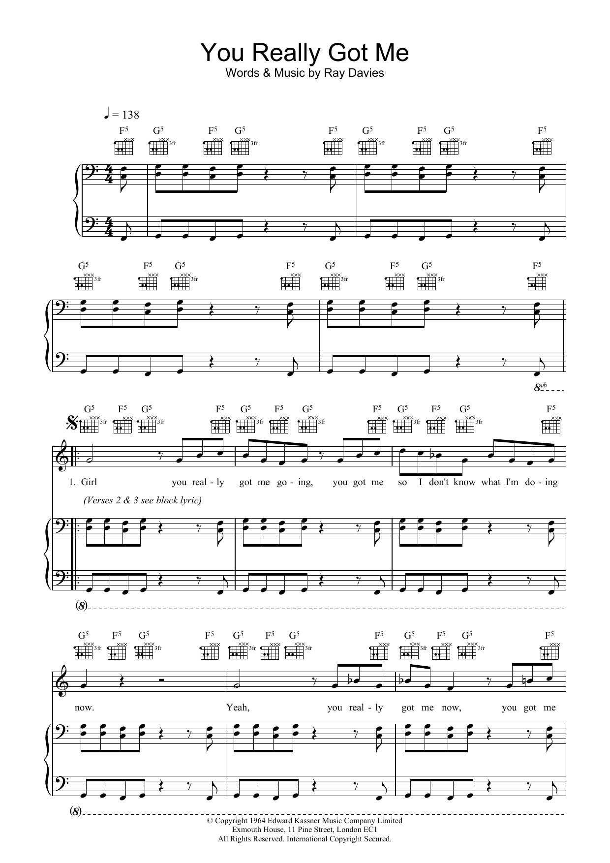 Download The Kinks You Really Got Me sheet music notes and chords for Piano, Vocal & Guitar - Download Printable PDF and start playing in minutes.