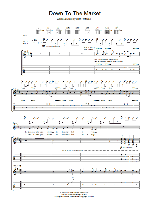 The Kooks Down To The Market sheet music, chords, lyrics - Printable PDF for Guitar Tab