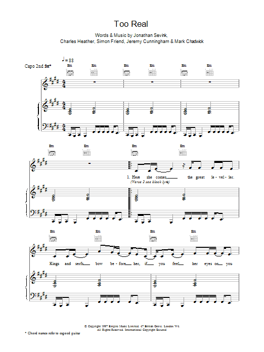 Download The Levellers Too Real sheet music notes and chords for Piano, Vocal & Guitar (Right-Hand Melody) - Download Printable PDF and start playing in minutes.