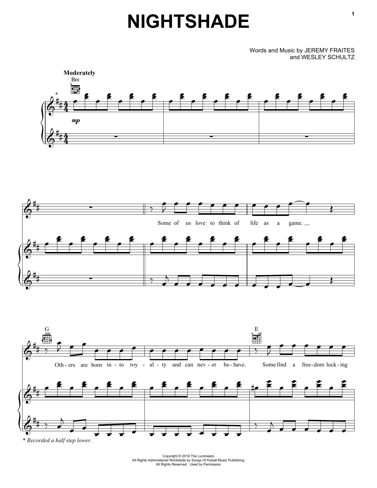 The Lumineers Nightshade (from For the Throne: Music Inspired by Game of Thrones) sheet music, chords, lyrics - Printable PDF for Piano, Vocal & Guitar (Right-Hand Melody)