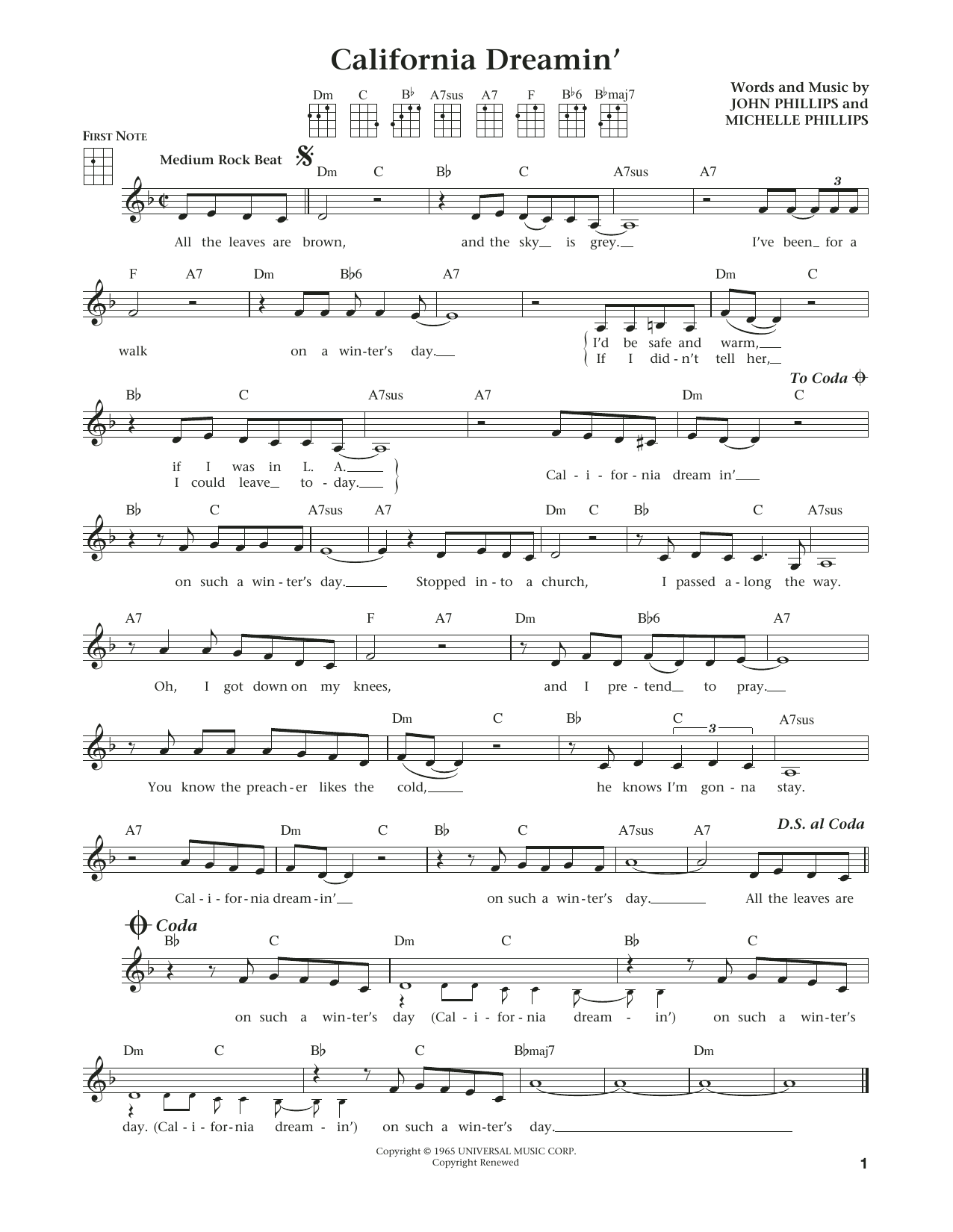 The Mamas & The Papas California Dreamin' sheet music, chords, lyrics - Printable PDF for Ukulele