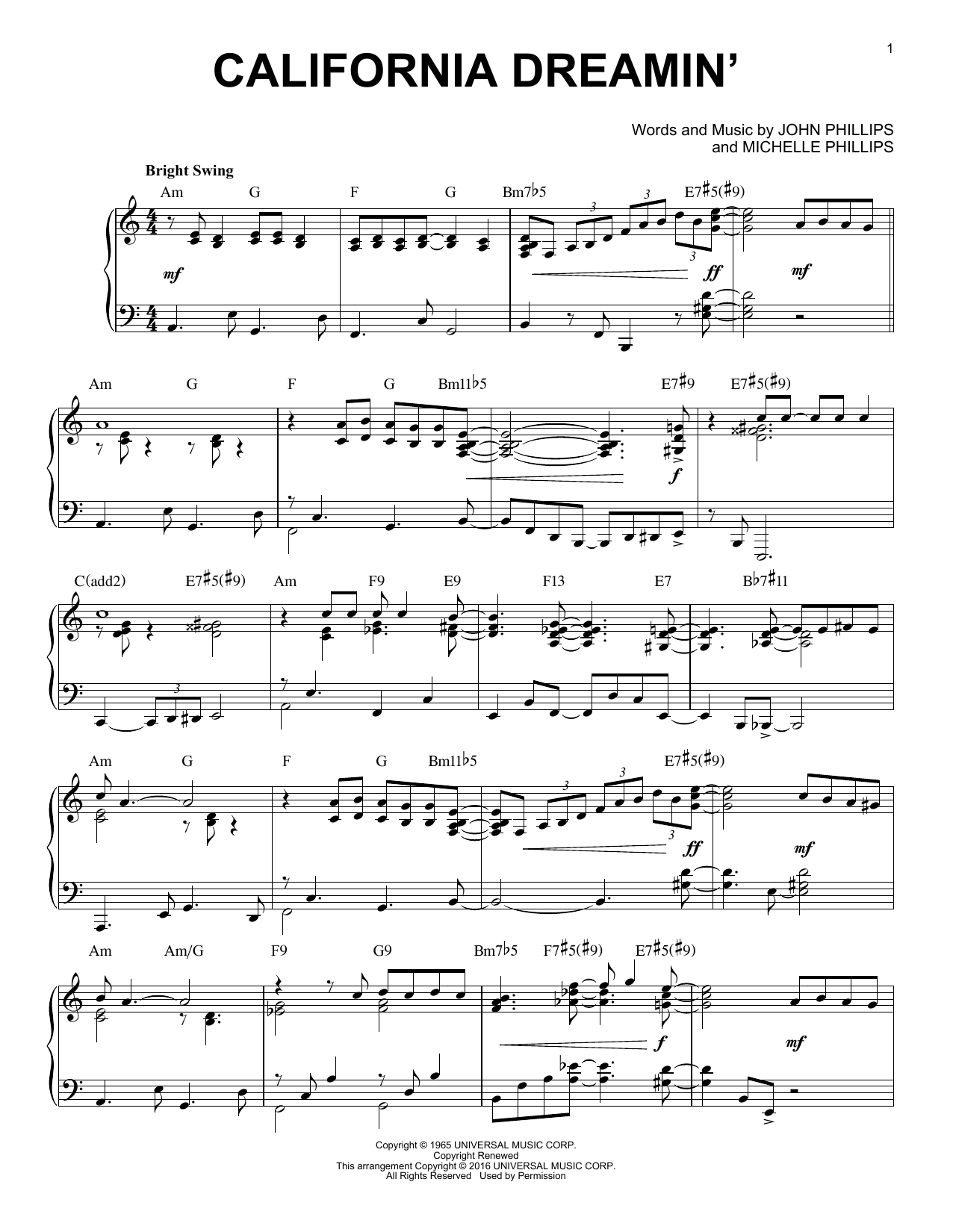 The Mamas & The Papas California Dreamin' sheet music, chords, lyrics - Printable PDF for Piano