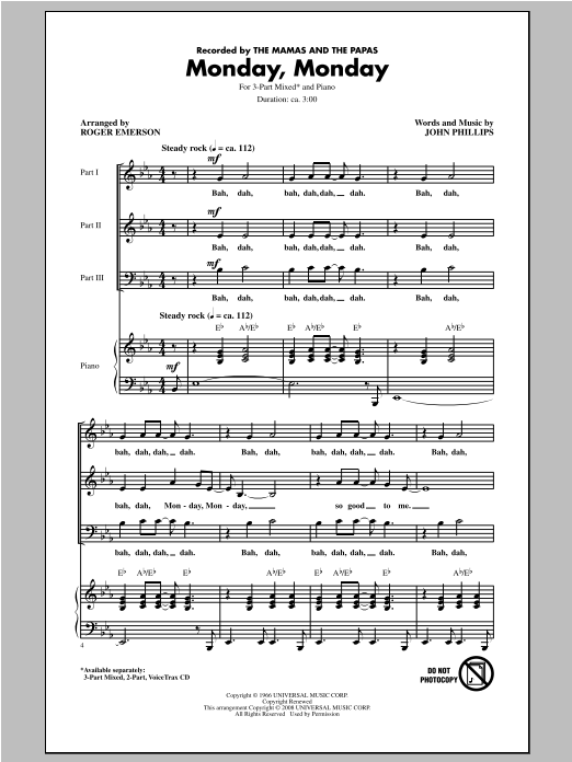 Roger Emerson Monday, Monday sheet music, chords, lyrics - Printable PDF for 3-Part Mixed