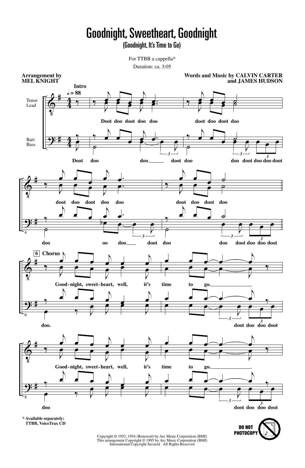 The McGuire Sisters Goodnight, Sweetheart, Goodnight (Goodnight, It's Time to Go) (arr. Mel Knight) sheet music, chords, lyrics - Printable PDF for TTBB Choir
