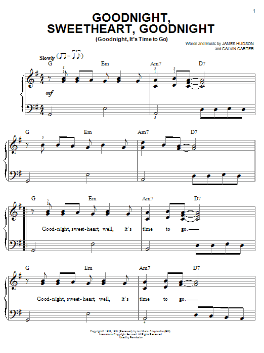 The Moonglows Goodnight, Sweetheart, Goodnight (Goodnight, It's Time To Go) sheet music, chords, lyrics - Printable PDF for Easy Piano