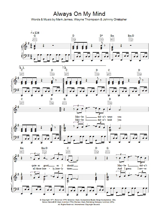 Pet Shop Boys Always On My Mind sheet music, chords, lyrics - Printable PDF for Piano, Vocal & Guitar (Right-Hand Melody)