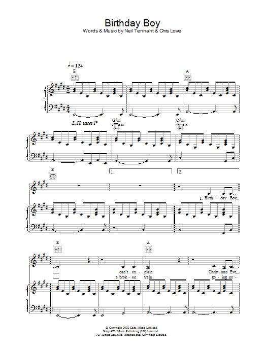 Pet Shop Boys Birthday Boy sheet music, chords, lyrics - Printable PDF for Piano, Vocal & Guitar
