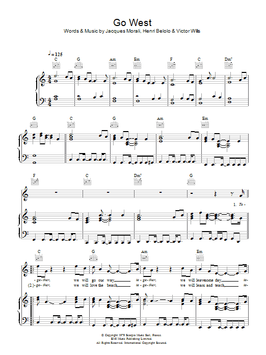 Pet Shop Boys Go West sheet music, chords, lyrics - Printable PDF for Piano, Vocal & Guitar (Right-Hand Melody)