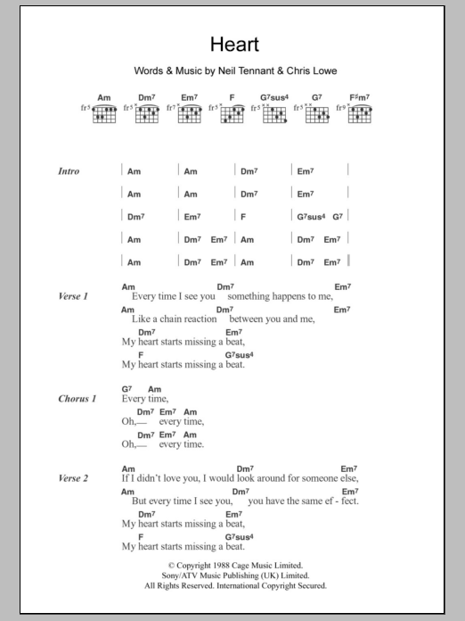 Pet Shop Boys Heart sheet music, chords, lyrics - Printable PDF for Lyrics & Chords