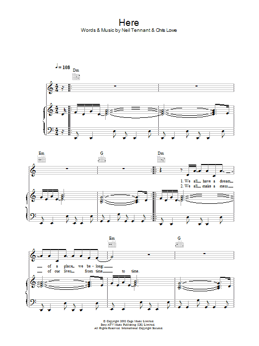 Pet Shop Boys Here sheet music, chords, lyrics - Printable PDF for Piano, Vocal & Guitar