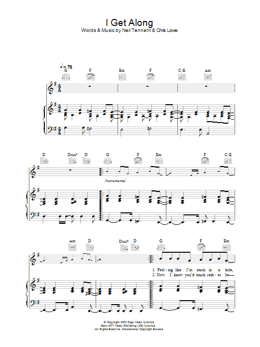 Pet Shop Boys I Get Along sheet music, chords, lyrics - Printable PDF for Piano, Vocal & Guitar