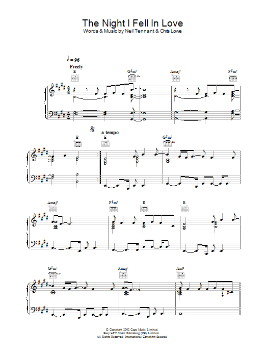 Pet Shop Boys The Night I Fell In Love sheet music, chords, lyrics - Printable PDF for Piano, Vocal & Guitar