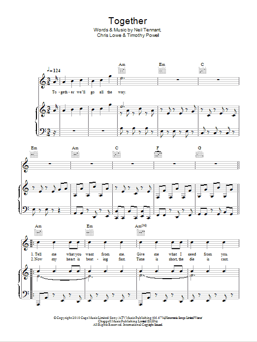 Pet Shop Boys Together sheet music, chords, lyrics - Printable PDF for Piano, Vocal & Guitar (Right-Hand Melody)