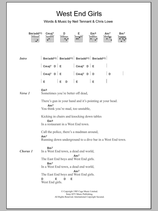 Pet Shop Boys West End Girls sheet music, chords, lyrics - Printable PDF for Lyrics & Chords