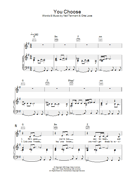 Pet Shop Boys You Choose sheet music, chords, lyrics - Printable PDF for Piano, Vocal & Guitar