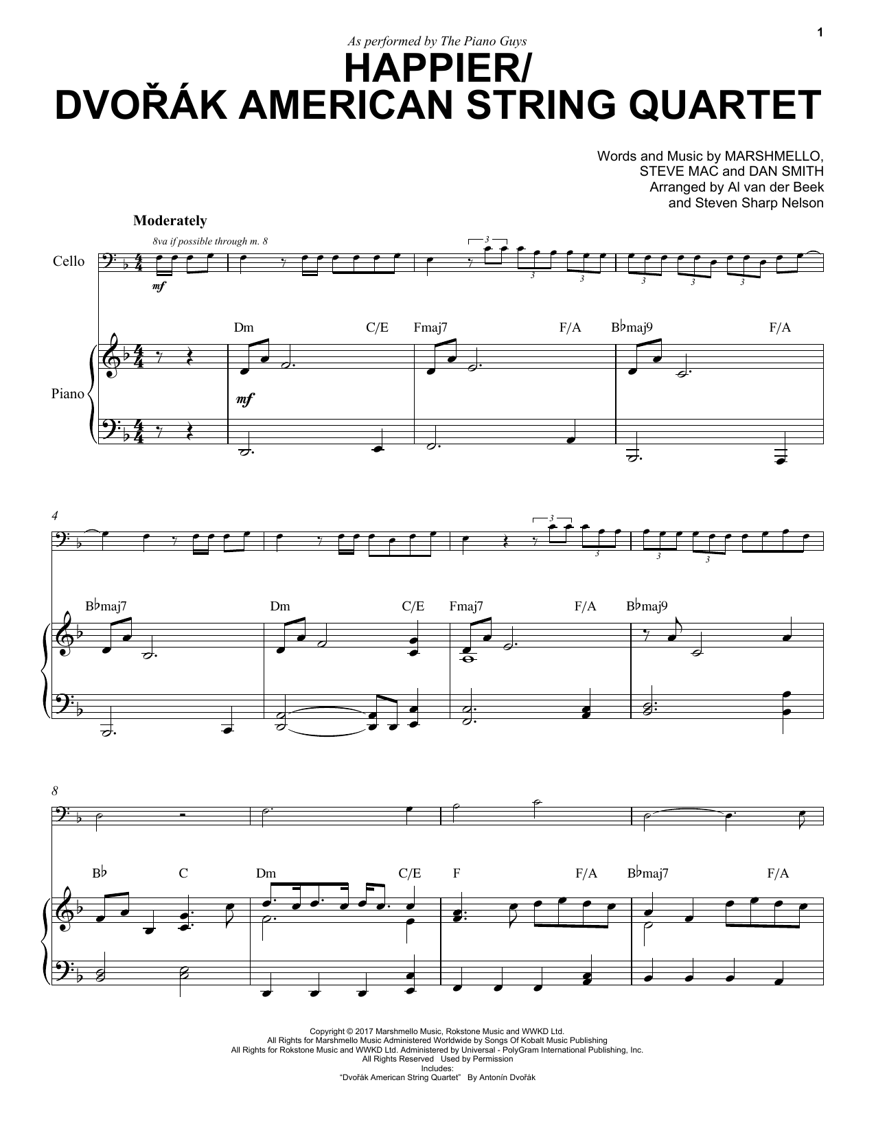 The Piano Guys Happier/Dvořák American String Quartet sheet music, chords, lyrics - Printable PDF for Cello and Piano