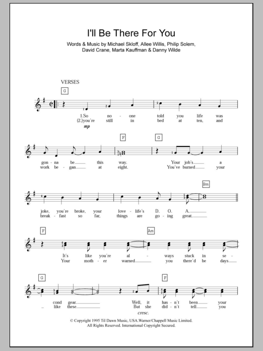 The Rembrandts I'll Be There For You (theme from Friends) sheet music, chords, lyrics - Printable PDF for Keyboard