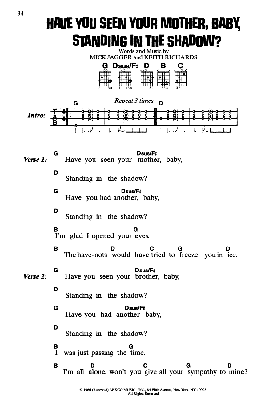 The Rolling Stones Have You Seen Your Mother, Baby, Standing In The Shadow? sheet music, chords, lyrics - Printable PDF for Guitar Chords/Lyrics
