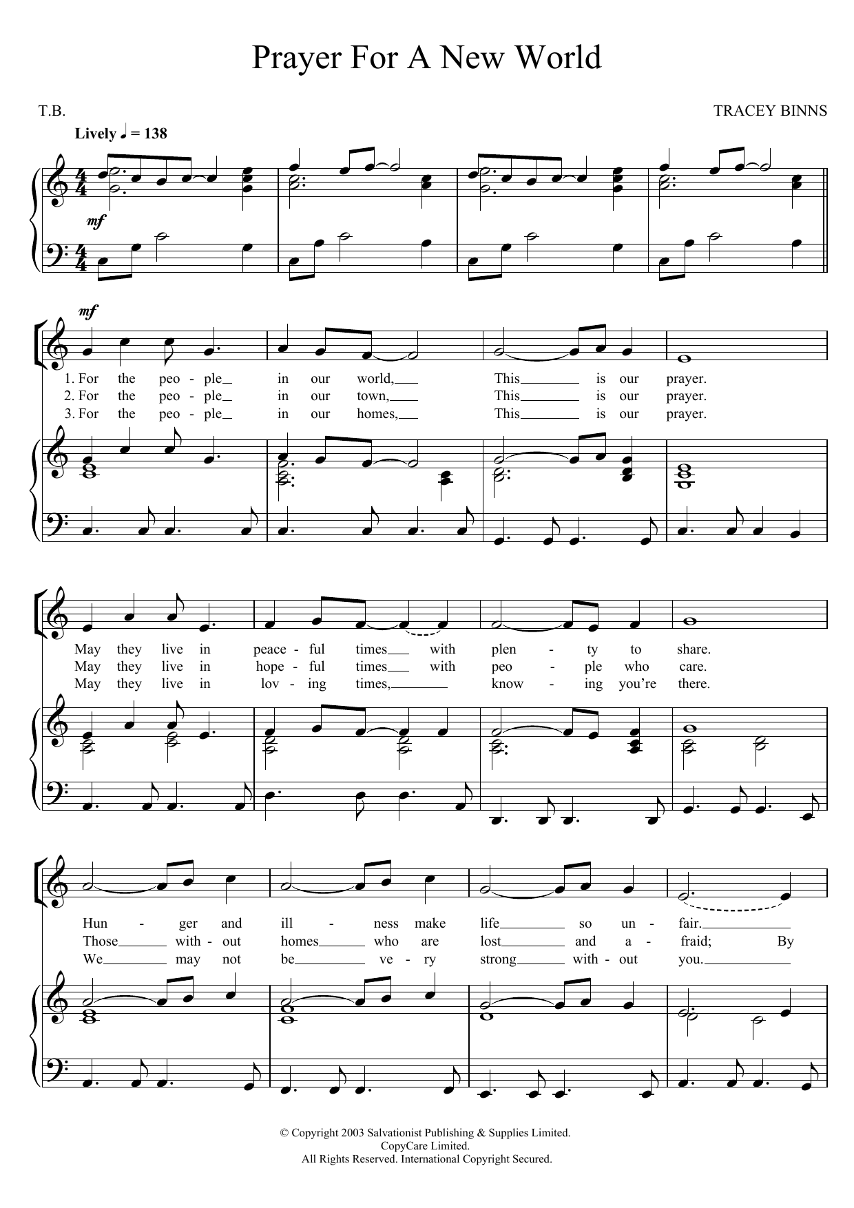 The Salvation Army Prayer For A New World sheet music, chords, lyrics - Printable PDF for Unison Voice