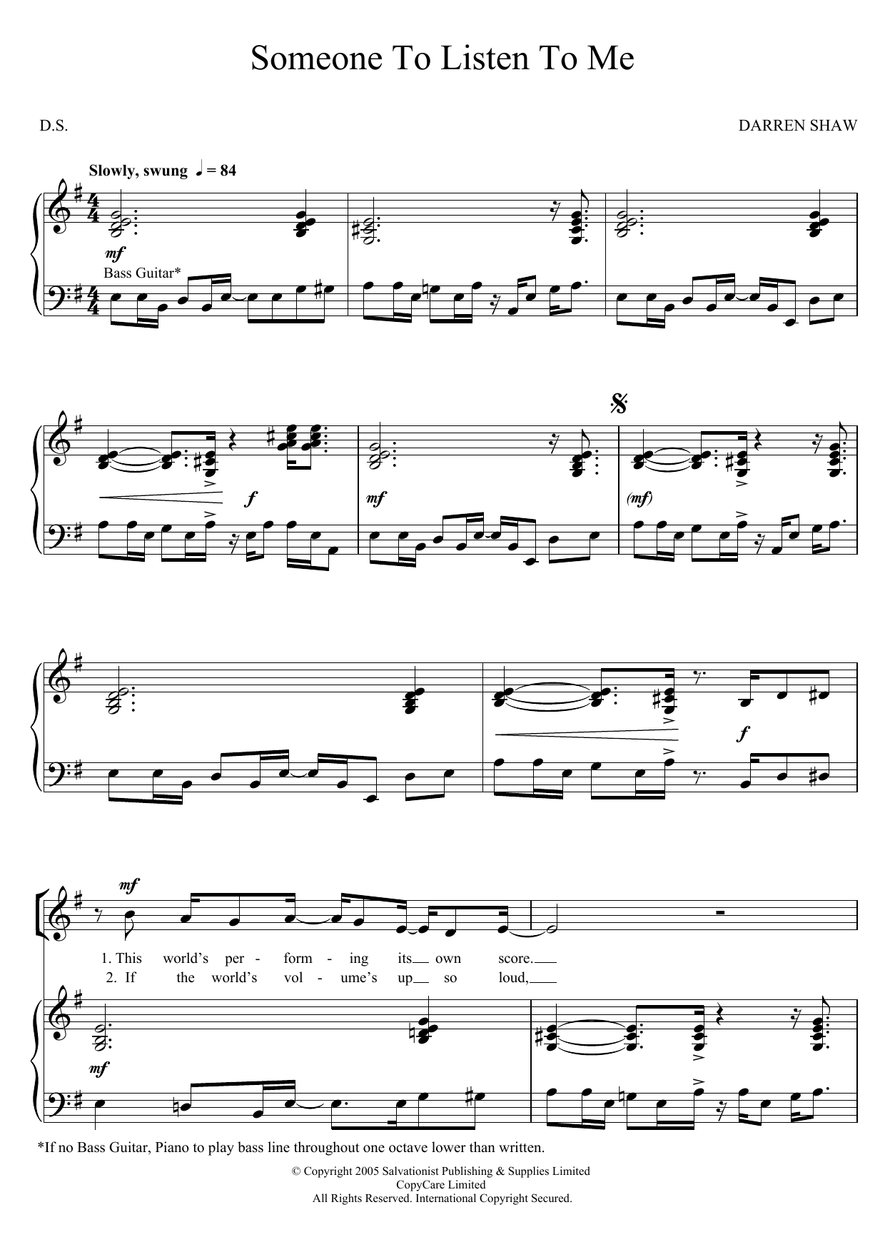 The Salvation Army Someone To Listen To Me sheet music, chords, lyrics - Printable PDF for SSA