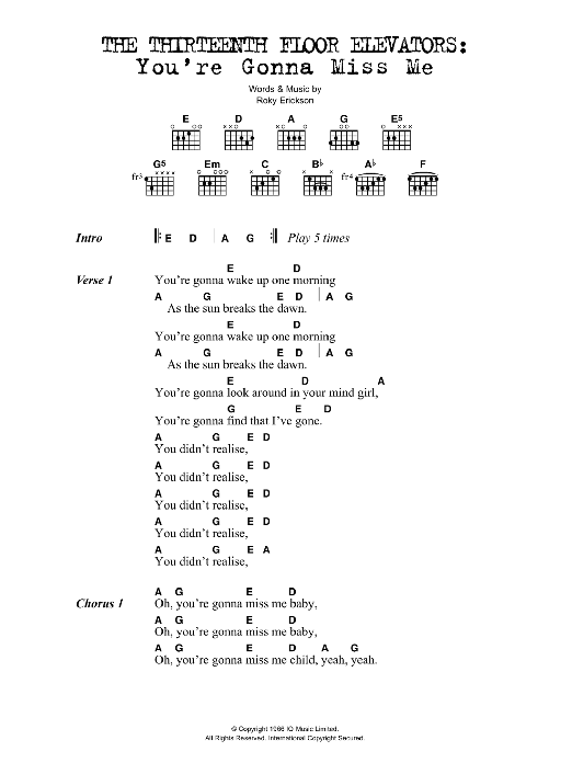 The Thirteenth Floor Elevators You're Gonna Miss Me sheet music, chords, lyrics - Printable PDF for Lyrics & Chords