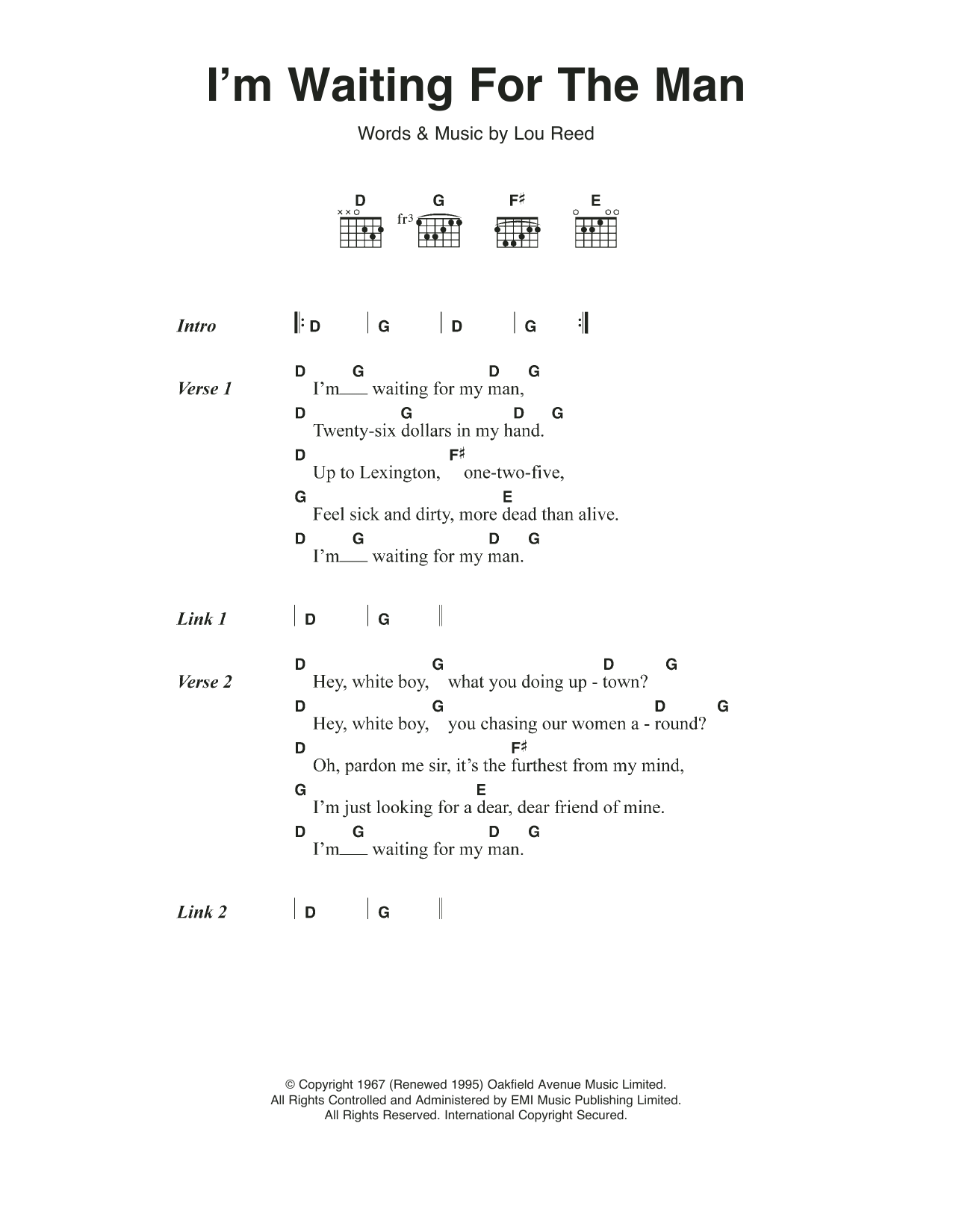 The Velvet Underground I'm Waiting For The Man (Waiting For My Man) sheet music, chords, lyrics - Printable PDF for Lyrics & Chords
