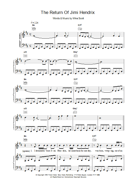 Download Waterboys The Return Of Jimi Hendrix sheet music notes and chords for Piano, Vocal & Guitar - Download Printable PDF and start playing in minutes.