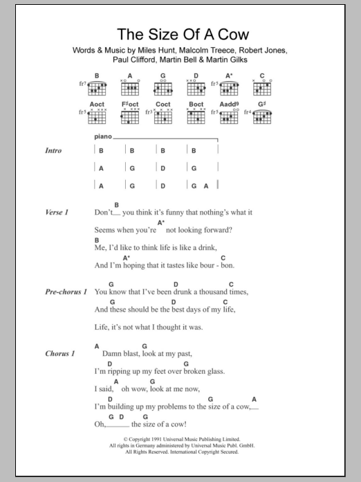The Wonder Stuff The Size Of A Cow sheet music, chords, lyrics - Printable PDF for Lyrics & Chords