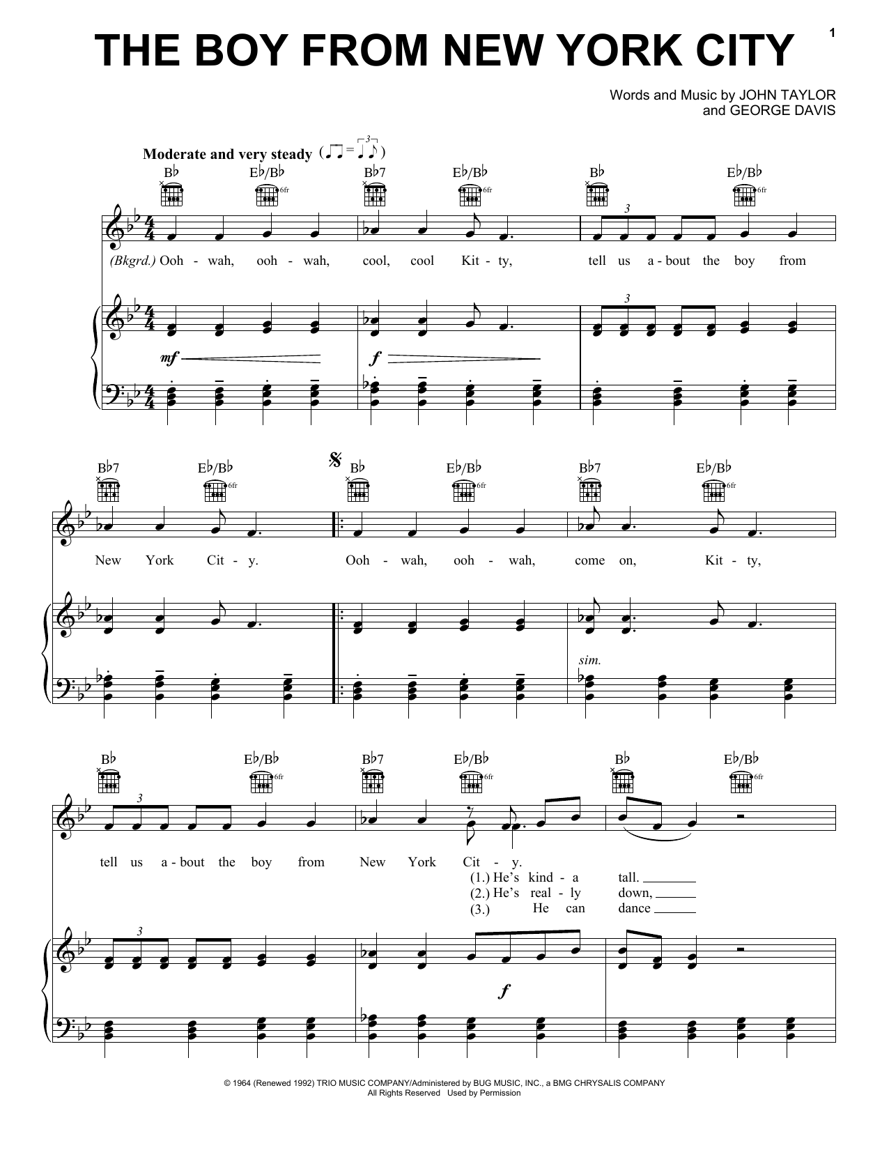 Learn to play The Ad Libs The Boy From New York City sheet music for Piano, Vocal & Guitar (Right-Hand Melody) in minutes. The Ad Libs The Boy From New York City sheet music preview music notes and score for Piano, Vocal & Guitar (Right-Hand Melody) including 4 page(s)